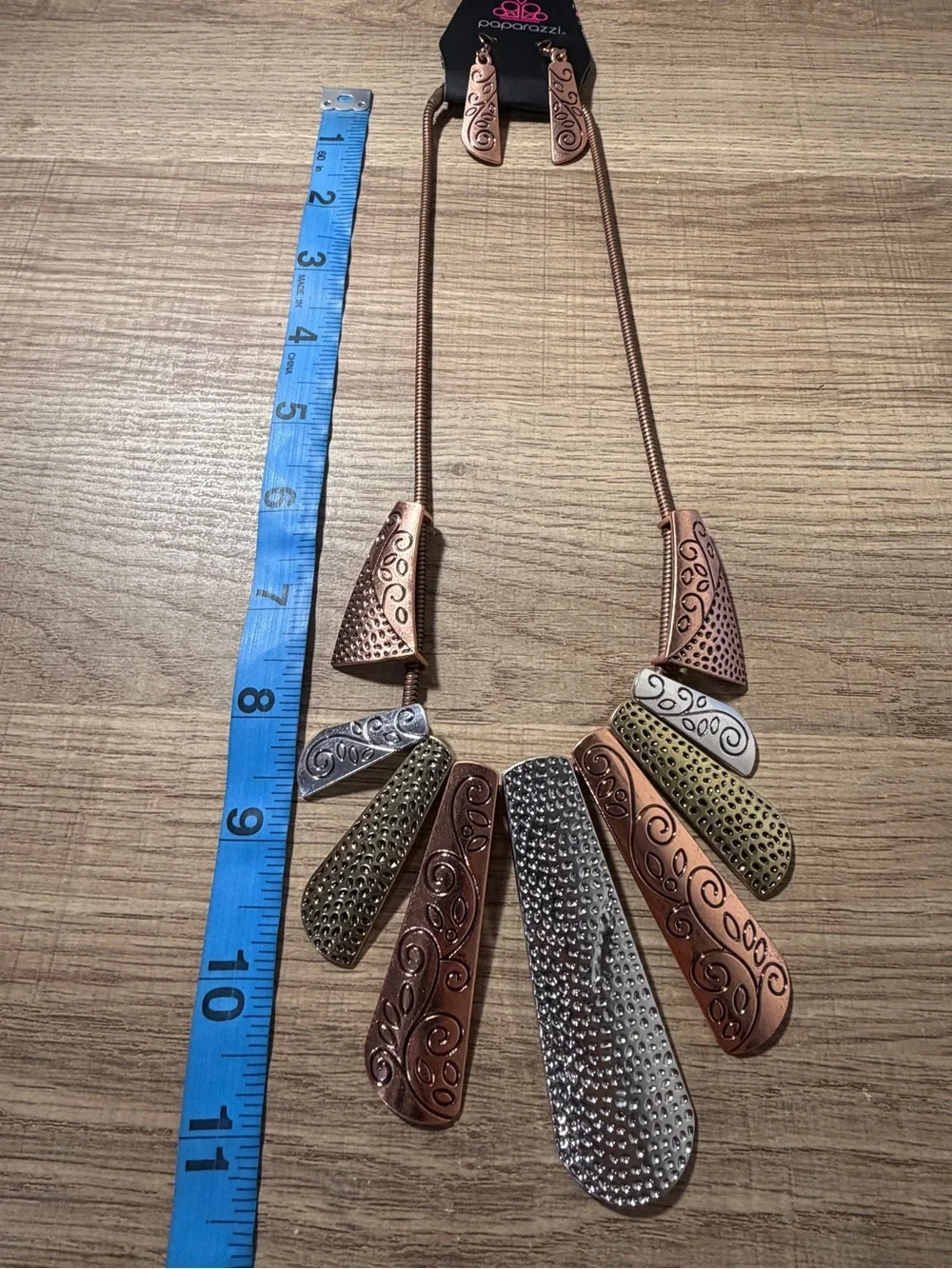 paparazzi Multi-Tone Textured Bib Necklace & Earrings Set - Copper, Silver, Gold - Picture 4 of 4